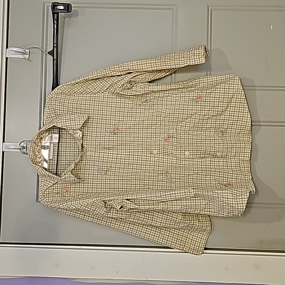 Alfred Dunner, size 12, green and white plaid shirt, with flowers..